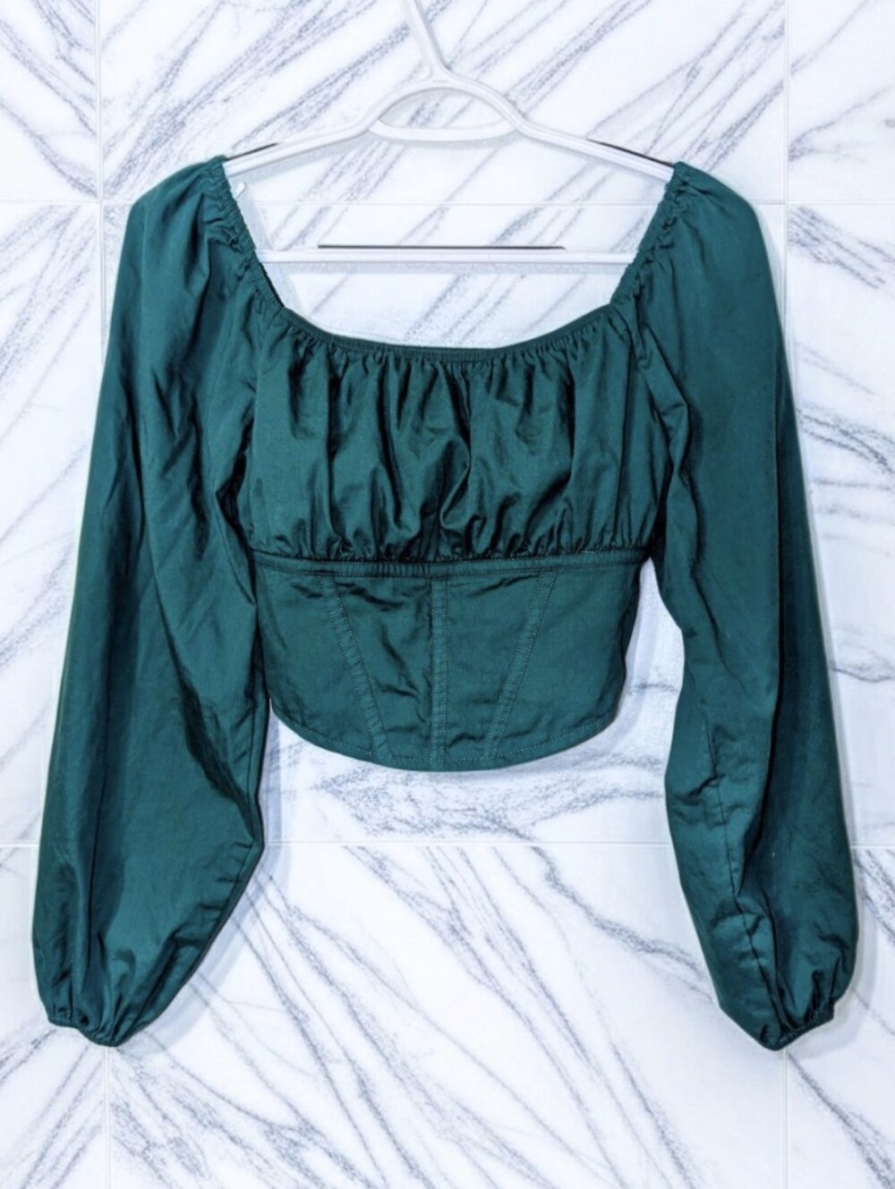 Japna Emerald Green Corset Style Long Puff Sleeve Cotton Crop Top, Size Small